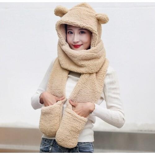 2021 Fashion Winter Women Novelty Beanies Caps Warm Cute Bear Ear Hat Casual Plush Hat Scarf Set Casual Solid Women Caps Present