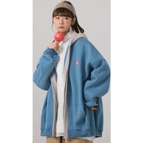 Thick warm sweater womens hooded long-sleeved cardigan student Korean street loose solid color stitching jacket sports sweater