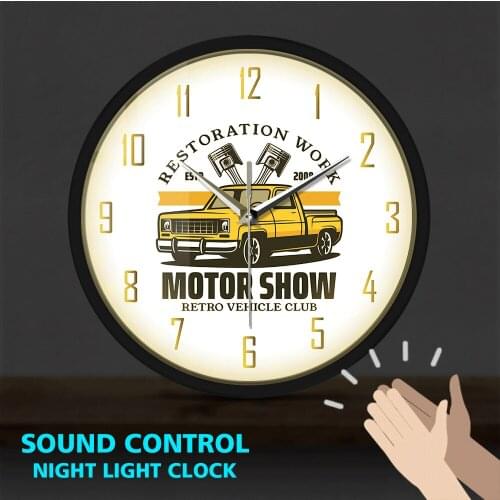 Restoration Work Automobile Car LED Wall Art Clocks Metal Frame Garage Tools Motor Show Retro Vehicle Club Watch Sound Control