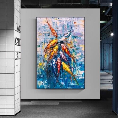 Modern Abstract Nordic Style Wall Art Canvas Oil Painting Fish Blue Sea Poster Home Decoration Wall Painting For Living Room