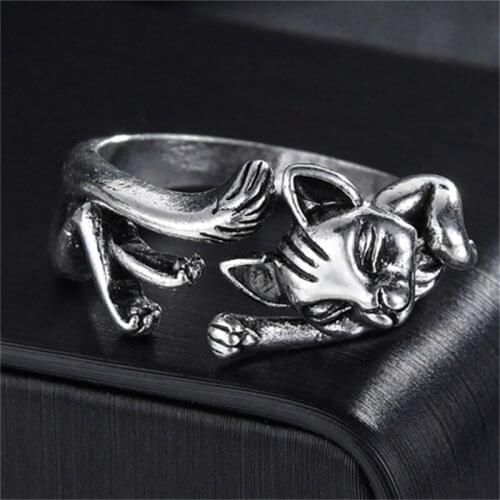Gothic Punk Cute Cat Ring for Men Women Animal Antique Silvery Opening Exaggerated Adjustable Rings Anillo Hombre Bijoux