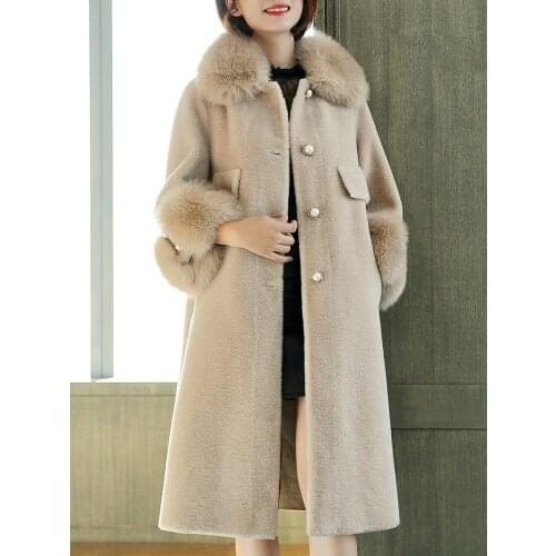 Sheep Women Shearling Jacket Real Wool Fur Coats 2020 Luxury Natural Fox Fur Collar Long Warm Winter Coat Women 1922