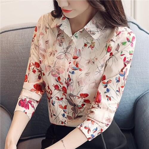 Chiffon shirt blouse womens fresh floral temperament loose and thin printed Korean womens blouse shirt