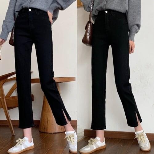 WomenS High Waist Slit Tobacco Pants Cropped Pants Jeans Straight Pants Black