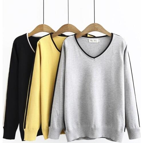 Plus Size XL-3XL Women V-neck Sweaters Long Sleeved Crocheted Pullovers Casual Women Clothing