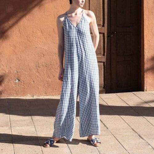 Johnature Casual Vintage Plaid Full Length Jumpsuits 2021 Summer New Loose V-neck Spaghetti Strap Tie Women Bodysuits