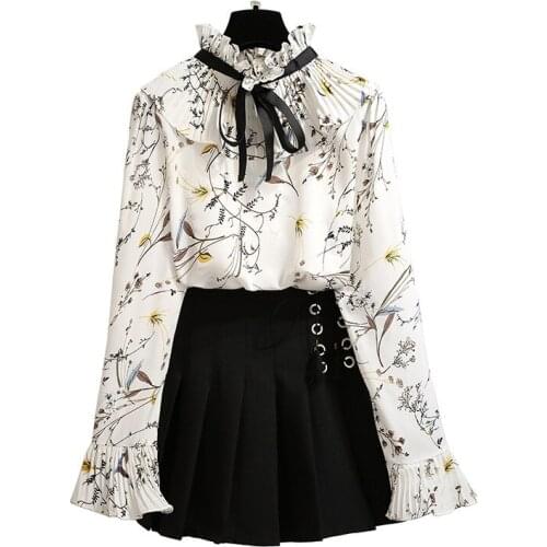 2019 Autumn Women 2 piece set Ruffles Floral Print Turtleneck Chiffon Shirt+Lace up Pleated Mini Skirt Fashion Mujer Skirt Set