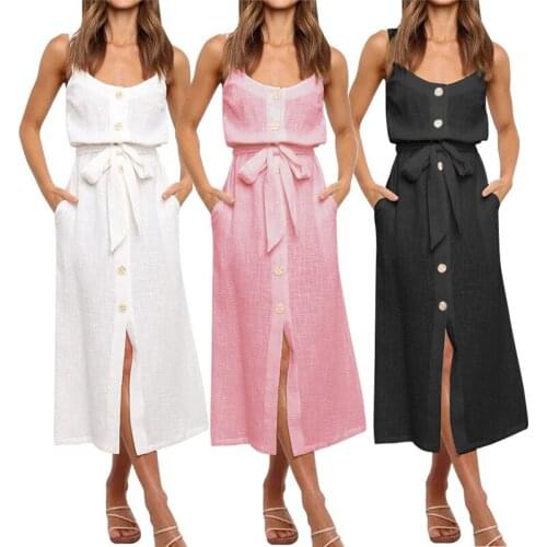 Women Low Cut Long Dress Summer V-neck Sleeveless Backless Woman Button Cardigan OL Basic Dress Elegant Women Dresses Vestidos