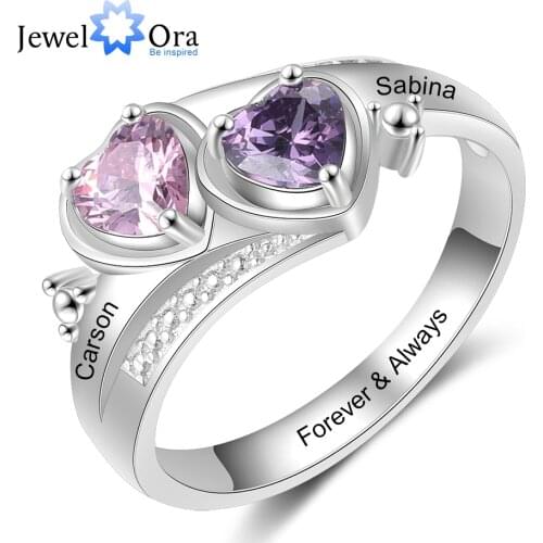 JewelOra Personalized Name Engraved Promise Rings for Women Silver Color Customize Heart Birthstone Wedding Engagement Ring Gift
