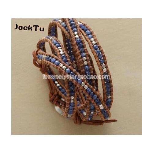Free Shipping handmade sodalite with silver nuggets leather wrap bracelet
