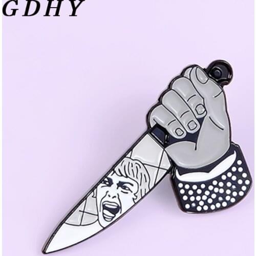 GDHY Cartoon Killer Knife Dagger Enamel Pins Alfred Hitchcock Film Brooch Horror Movie Lapel Badge Knife killer Jewelry Gift