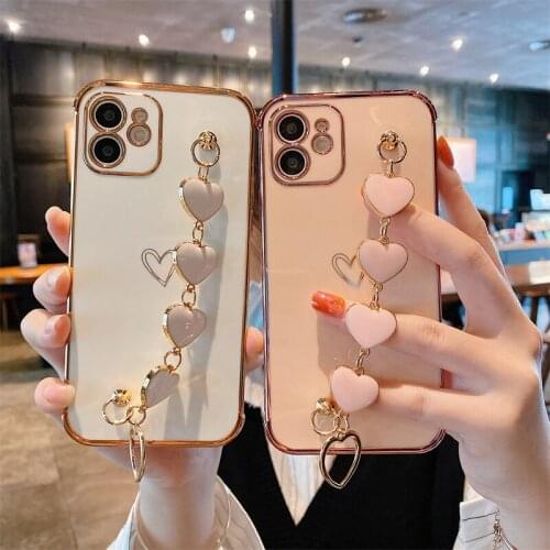 Luxury Plating Love Heart Chain Wrist Bracelet Phone Case for Iphone 12 Pro mini Max SE2 X XS XR 11 Pro Max 7 8 Plus Coque Cover