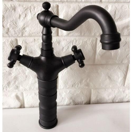 Black Oil Rubbed Brass Dual Cross Handles One Hole Bathroom Kitchen Basin Sink Faucet Mixer Tap Swivel Spout Deck Mounted mnf347