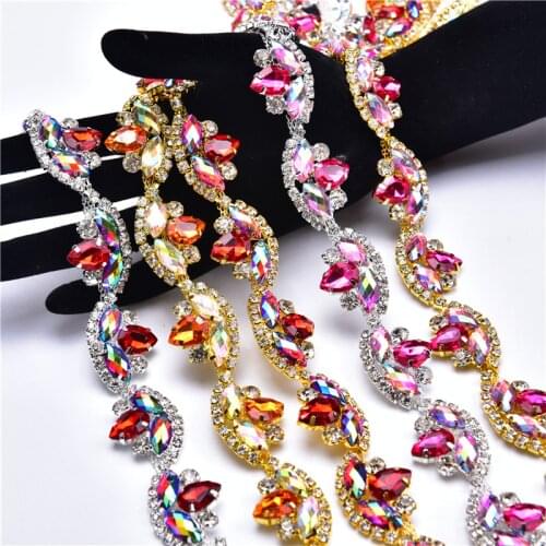 1Meter 2.3Cm Wide Flower Chain Color Glass Rhinestone Trimming Diy Decoration Ornament Horse Eye Diamond Chain For Shoe Clothing
