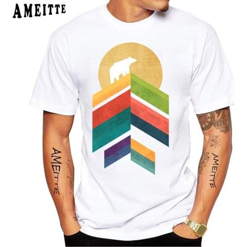High Peak Geometric Landscape Illustration Depicting a Bear On Top Of A Mountain Against Bright Golden Sun Print T-Shirt Men Tee