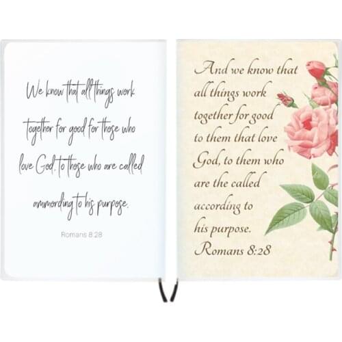 Bible Verse Notebook Romans 8 28 - God Works All Things Together for the Good of Those who Love Him - Jesus Book Stationery Gift