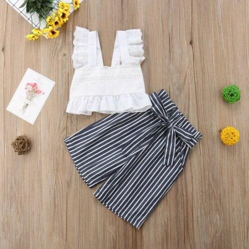 Kids Baby Girls Clothes Set White Lace Vest Sleeveless Crop Tops T-shirt Striped Belt Long Flares Pants Trousers Outfits Summer