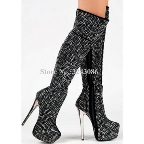 New Black Bling Crystal Platform Long Boots Women Sexy Metal Stiletto Heel Over the Knee Boots Lady Real Photos Banquet Shoes
