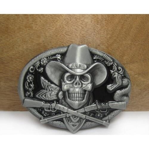 BuckleClub wholesale heavy retro BLACK enameled skull jeans gift belt buckle FP-02671-1 PEWTER FINISH for men 4cm width loop