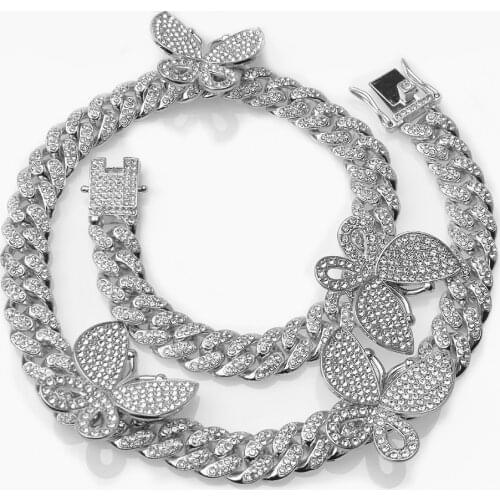 4 Butterflies Necklace 12mm Chain Butterfly Cuban Link Women Men Necklace Iced Out Bling Bling Hip Hop Butterfly Jewelry 2020