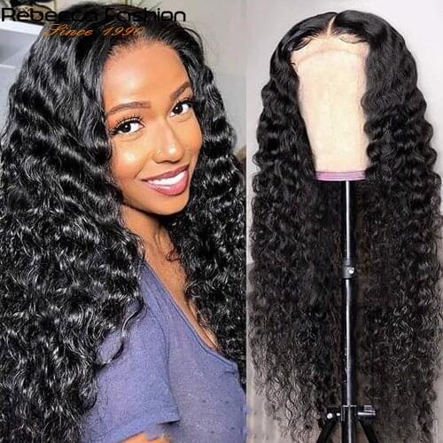 Full 180% Deep Wave Closure Wig Human Hair Lace Frontal Wigs Lace Front Wig Pre Plucked Bleached Knots Wigs Remy 4x4 Lace Wig