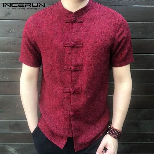 INCERUN 2021 Chinese Style Men Shirt Button Stand Collar Short Sleeve Casual Loose Tops Solid Color Vintage Tang Suit Shirts Men