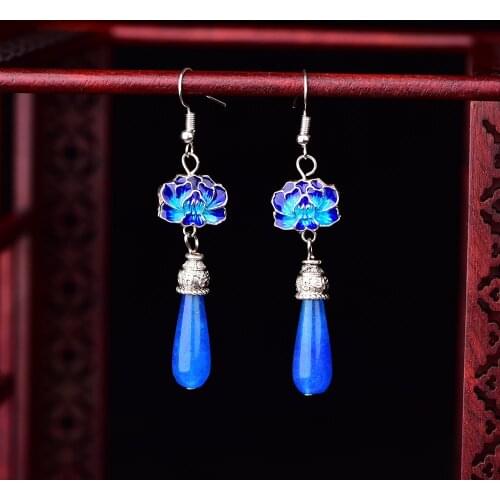 Chalcedony Lotus Drop Earrings Blue Jade Agate Amulet Fashion Natural Charm Jewelry Gifts for Women Her