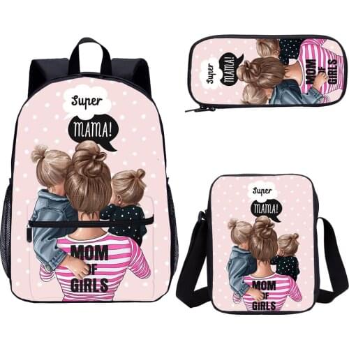 Super Mama Print Large Backpack Set Good Quality Kids Girl Student Backpack Book Bag Fashion 3 Pcs Daypack Satchel Bag 3 in 1