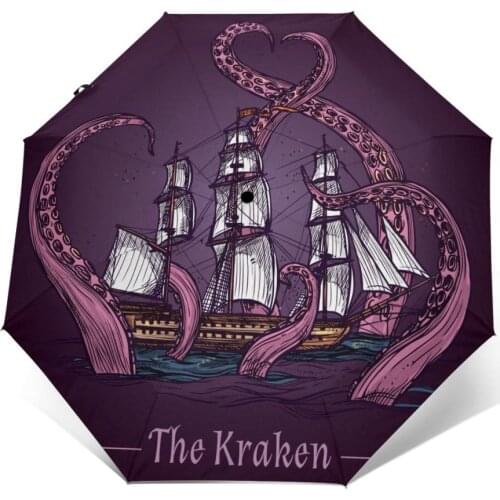 Wind Resistant Folding Automatic Umbrella Women Auto Kraken Monster Tentacles Attack Ship Windproof Rain For Men Parasol