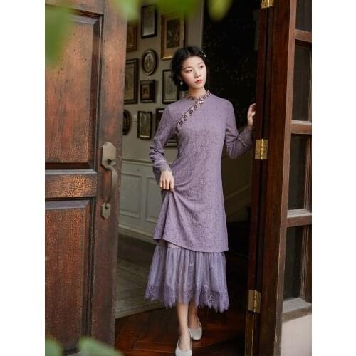 SWEETXUE Vintage Dress Modern 2021 Chinese Style Cheongsam Purple Embroidery Lace Stitching Elegant Temperament Dress