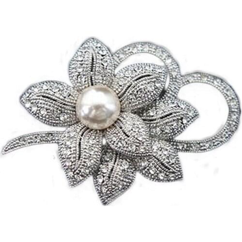 High Quality Vintage Rhodium Plated Clear Crystals Imitation Pearl Bow Brooch Wedding Accessories