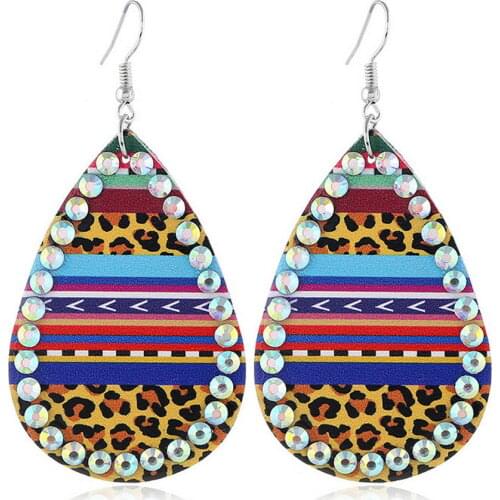 ZWPON Fashion Leopard Teardrop Earrings Pave Faceted Crystal Margin Leopard Sunflower PU Leather Drop Earrings for Woman