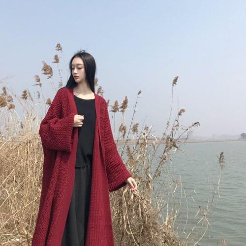 [ZAYAU]Autumn and Winter Sweater Chinese Style womens Wear Broad Xianqi Wine Red Temperament Medium Length Knitted Cardigan