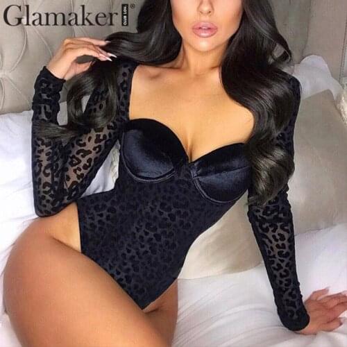 Glamaker Leopard animal print black bodysuits Women transparent bodycon long sleeve playsuit Fashion sexy party club playsuits