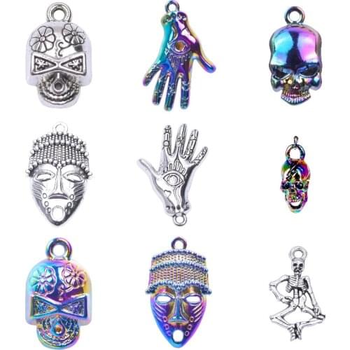 10Pcs/Lot Alloy Halloween Skull Egyptian Pharaoh Charms Handmade Evil Eye Hamsa Hand Pendant Diy Necklaces Bracelet Jewelry