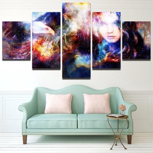 5 Panel Large HD Printed Painting Goodnes Woman and Eagles Canvas Print Wall Art Picture for Living Room Unframe
