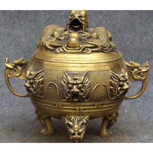 9'' Marked China Dynasty Pure Bronze Fengshui Dragon Loong Incense Burner Censer
