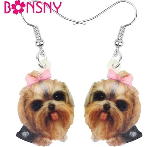 Bonsny Acrylic Bow-knot Yorkshire Dog Earrings Drop Dangle Animal Jewelry For Women Girls Teens Party Decoration Gift Accessory