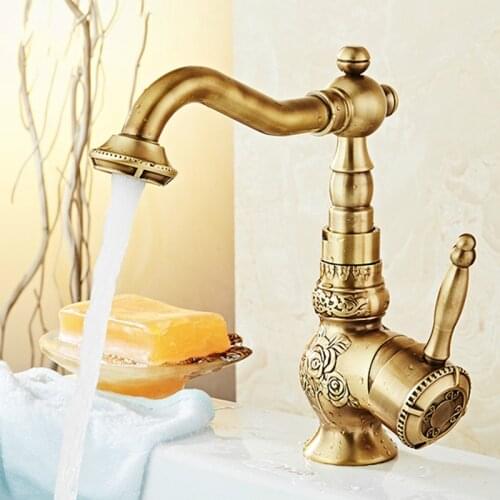 Antique Brass Bathroom Faucet Washbasin Retro Classic Kitchen Mixer Taps Carving Swivel Singe Handle Sink Tap Water Faucet