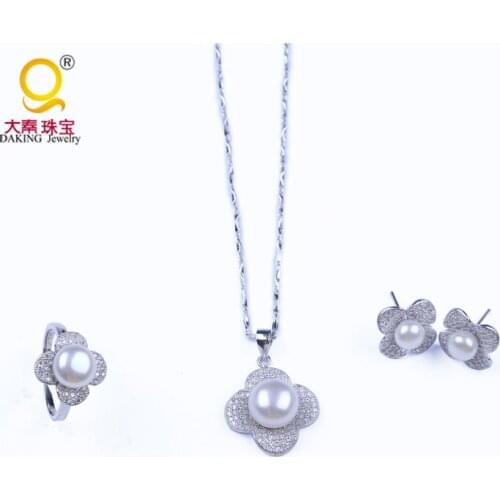 Free shipping gift women 925 silver jewelry set real cultured freshwater pearls necklace earring ring pendants