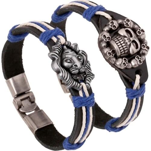 Punk Gothic Fashion Leather Bracelet Cuff Vintage Alloy Skull Lion Charm Bangle Wrap for Men Women Wristband Hiphop Rock Jewelry