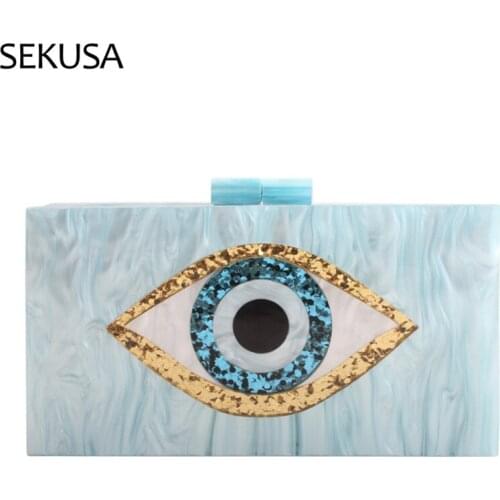 Eye Sequined Women Evening Bags Blue Stripped Acrylic Day Clutch Chain Handbags Party Wedding Bridal Purse