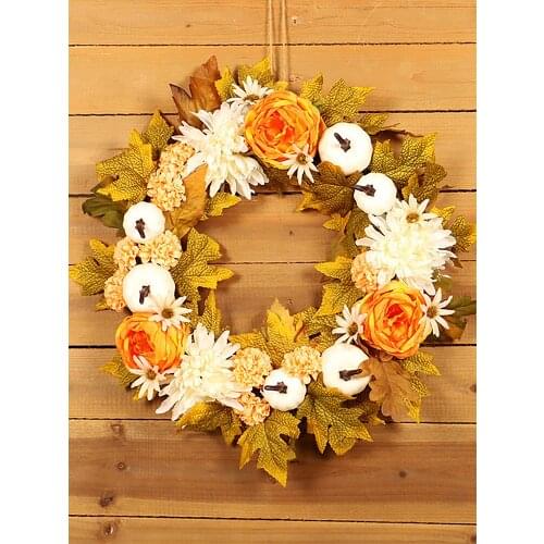45cm Artificial Maple Leaf Wreath Halloween Decor Chrysanthemum Pumpkin Garland Thanksgiving Autumn Wreath Halloween Suitable