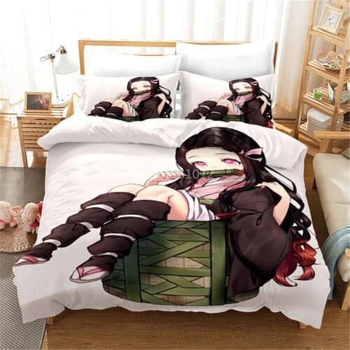 Japan Anime 3D Bedding Set Demon Slayer Nezuko Kamado Duvet Cover With Pillowcase Cute Home Textiles Double King Size
