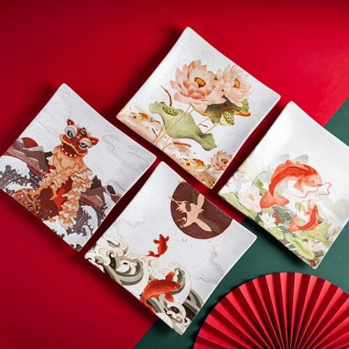 Chinese Style Creative Auspicious Ceramic Plate Square Plate Household Dinner Plate Steak Plate Cake Plate Western Food Plate
