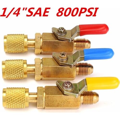 3 Color Brass Straight Ball Valves 1/4Inch SAE 800PSI Fittings for AC Hoses R410a Charging Hose Parts Air-conditioning Install