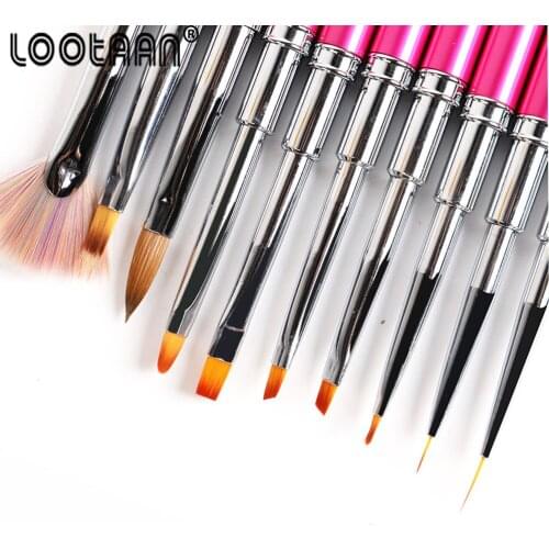 LOOTAAN Rose Red Nail Brush Metal Acrylic Carving UV Gel Extension Builder French Flower Stripe Painting Drawing Liner Brush