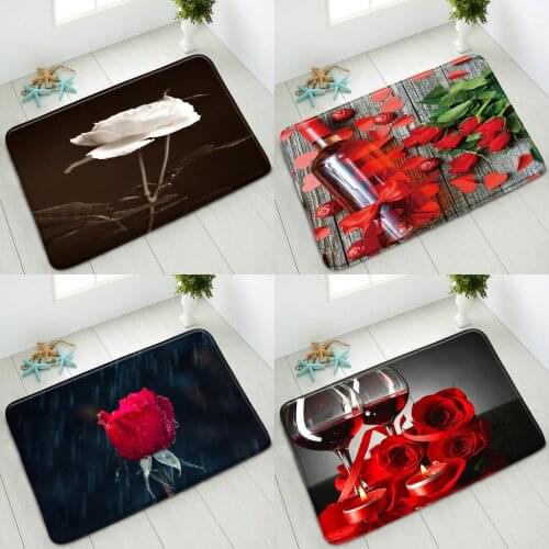 Flowers Non-Slip Bathroom Mat Green Leaves Plant Red Wine Glass Indoor Floor Mats Bedroom Kitchen Doormat Absorbent Home Carpet