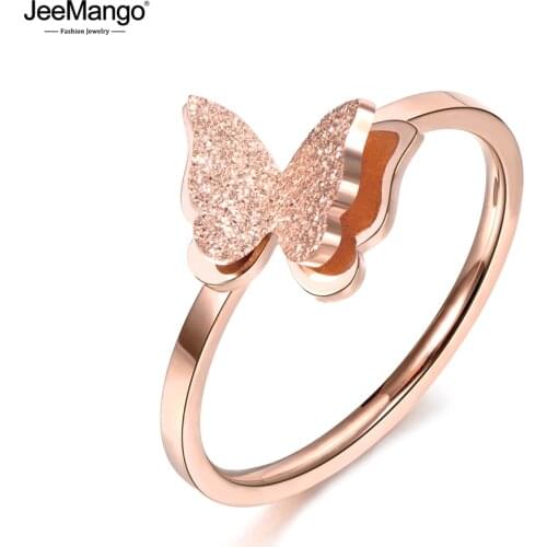 JeeMango Scrub 3D Butterfly Wedding Rings Rose Gold Color Top Brand Jewelry Stainless Steel Engagement Ring No Fade JR18043
