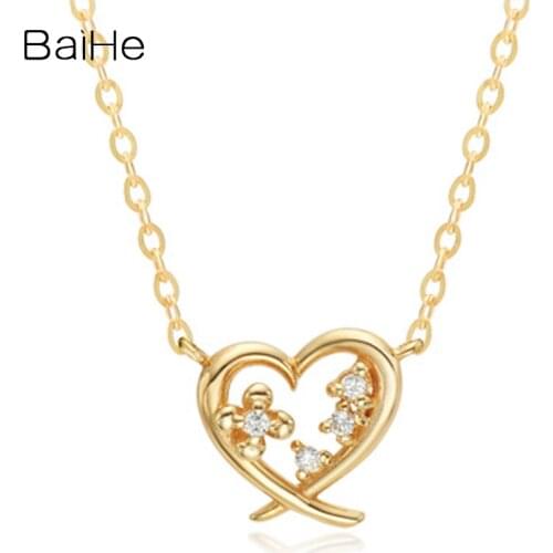 BAIHE Solid 18K Yellow Gold 0.02CT Natural Diamonds Women Engagement Gift Fine Jewelry Elegant Trendy Heart Diamond Necklaces